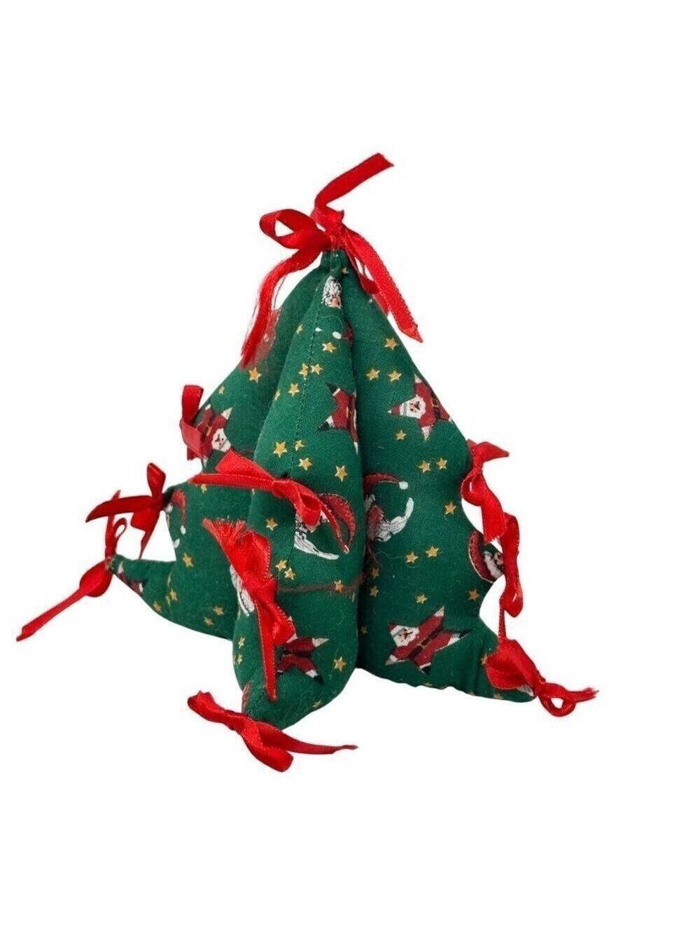 Vintage Fabric Christmas Tree Santa Red Ribbon Holiday 6 In Tiered Tray Decor - Picture 4 of 10